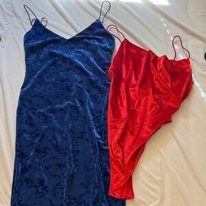 Velvet Slip Dress - Blue and Red Adjustable Spaghetti Straps